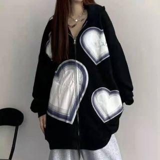 Heart Print Oversize Zip-up Hoodie