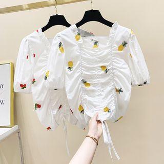 Fruit Embroidered Drawstring Short-sleeve Blouse