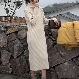 Long-sleeve Turtleneck Midi Rib Knit Dress