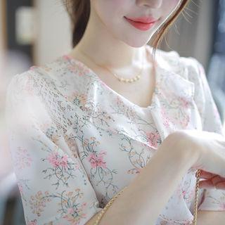 Ruffled Elbow-sleeve Floral Print Chiffon Top