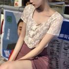 Cropped Square-neck Lace Top / High-waist Slit Skirt