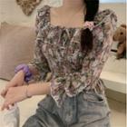 Long-sleeve Floral Print Frill Trim Crop Top Violet - One Size