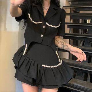 Short-sleeve Rhinestone Cropped Blazer / Skort