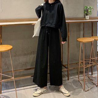 Set: Long Sleeve Plain Hoodie + Wide-leg Sweatpants