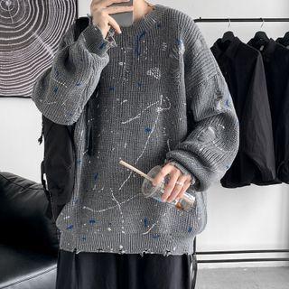 Splatter Print Distressed Sweater