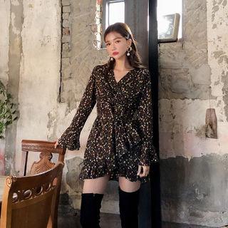 Flounced Floral Mini Wrap Dress With Sash