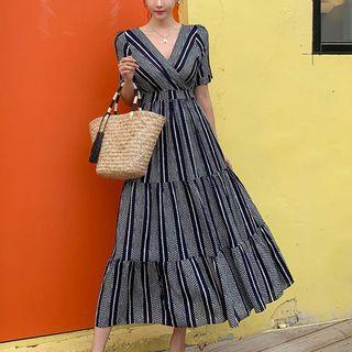 Short-sleeve Striped Maxi A-line Dress