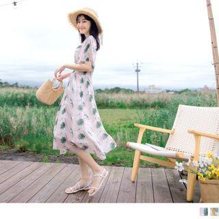 Short Sleeve V-neck Leaf Print Chiffon Dress