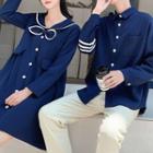 Contrast Trim Sailor Collar A-line Dress / Long-sleeve Shirt