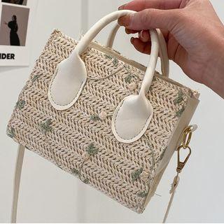 Embroidered Straw Satchel
