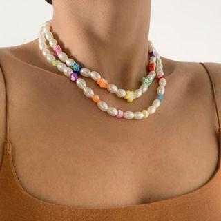 Soft Clay Bead Faux Pearl Choker / Set 2387 - Purple & Tangerine & Yellow & White - One Size