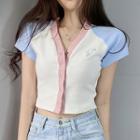 Short-sleeve Single Breasted Lettering Embroidered Cropped Top