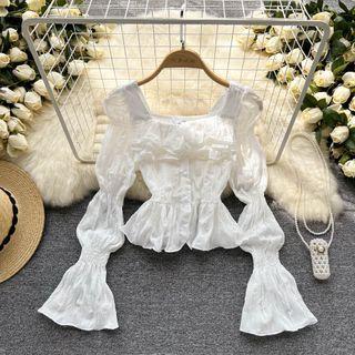 Square Neck Cropped Blouse White - One Size
