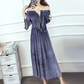 Long-sleeve Off Shoulder A-line Midi Dress