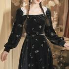 Long-sleeve Floral Print Velvet Midi A-line Dress / Spaghetti Strap Tiered Dress / Lace Top / Set
