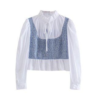 Long-sleeve Tie-neck Tweed Panel Blouse