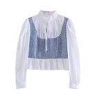 Long-sleeve Tie-neck Tweed Panel Blouse