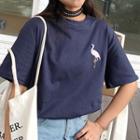 Elbow-sleeve Flamingo Embroidery T-shirt