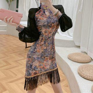 Lantern-sleeve Printed Fringed Hem Sheath Dress