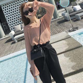 Set: Long-sleeve Open-knit Top + Cropped Harem Pants