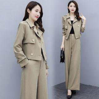 Set: Plain Cropped Blazer + Wide-leg Dress Pants