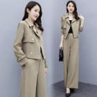 Set: Plain Cropped Blazer + Wide-leg Dress Pants