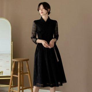 Sheer Sleeve Laced Wrap Dress