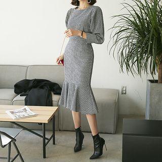 Bishop-sleeve Houndstooth Mermaid Dress