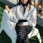 Three-button Shawl-collar Shirred Blouse