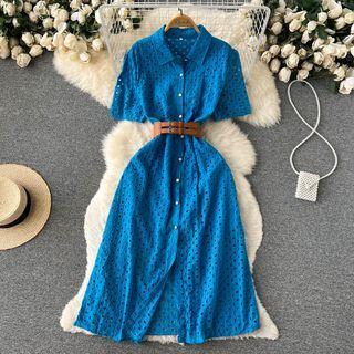 Short-sleeve Lapel Plain Cutout Dress
