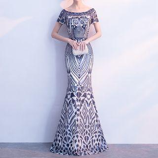 Sequined Short-sleeve Evening Gown