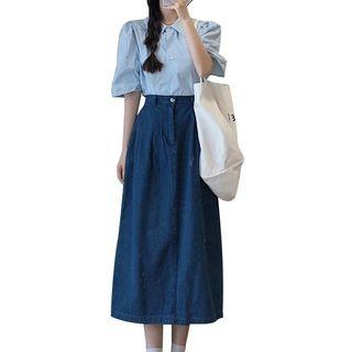 Short-sleeve Plain Shirt / Denim Midi Skirt / Set