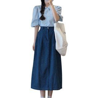 Short-sleeve Plain Shirt / Denim Midi Skirt / Set