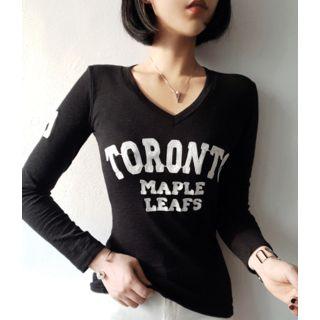 V-neck Letter Print T-shirt One Size
