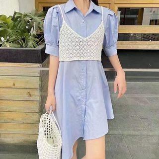 Set: Short-sleeve Plain Mini Shirtdress + Knit Camisole Top