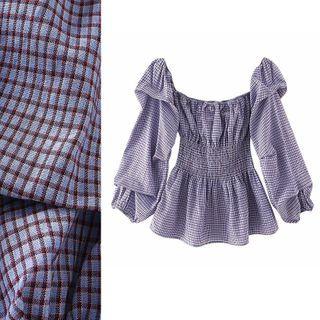 Long-sleeve Checked Shirred Top