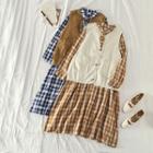 Check Long-sleeve Loose-fit Dress / Vest