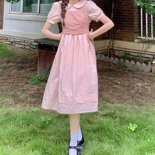 Short-sleeve Plain Midi Dress / Plaid Tank Top