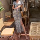Short-sleeve V-neck Pattern Printed Slit Dress