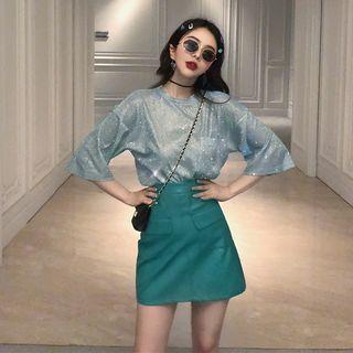 3/4-sleeve Glitter T-shirt / A-line Mini Skirt