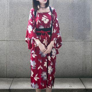 Set: Floral Print Light Jacket + Spaghetti Strap Dress
