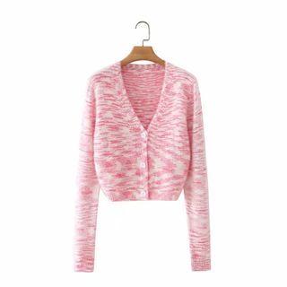 V-neck Cropped Cardigan Pink & White - One Size