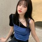 Mock Two-piece Short-sleeve One-shoulder Cropped T-shirt Blue & Black - One Size