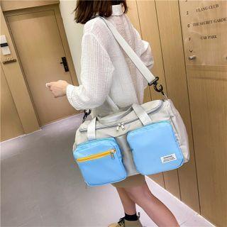 Lettering Applique Color Block Barrel Bag