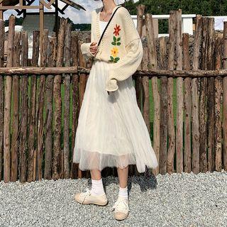Flower Cardigan / Sheer Midi Skirt