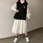 Balloon-sleeve Shirt / Midi A-line Skirt / Flower Embroidered Knit Vest