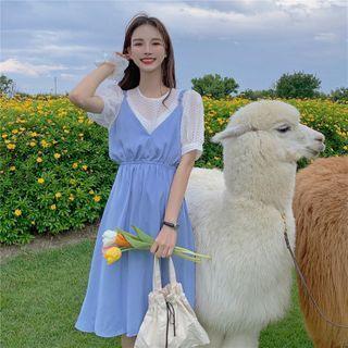 Short-sleeve Round Neck Chiffon Blouse / Spaghetti Strap Plain A-line Mini Dress