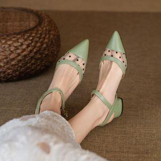 Chunky Heel Dotted Mesh Panel Sandals