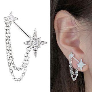 Rhinestone Star Chained Earring 1 Pc - With Earring Backs - Silver - One Size