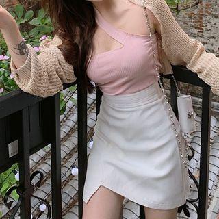 Plain Long-sleeve Shawl / Off-shoulder Crop Top